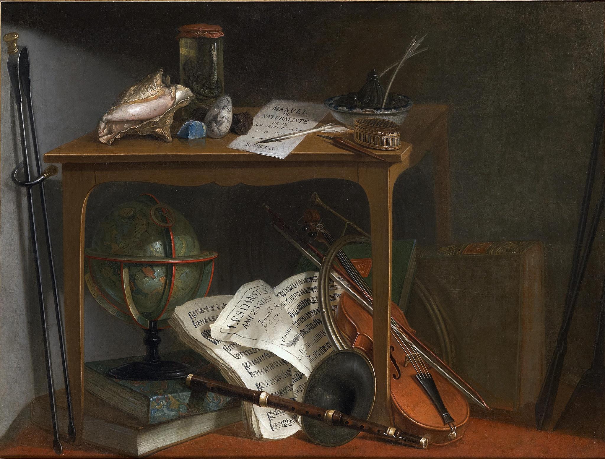 Still Life with a Naturalist Manual and Objects Resting on a Table above a Globe and Musical Instruments